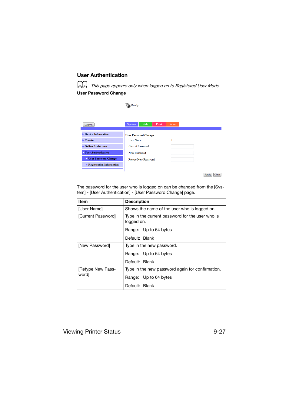 User authentication, User authentication -27, Viewing printer status 9-27 | Konica Minolta bizhub C25 User Manual | Page 314 / 551