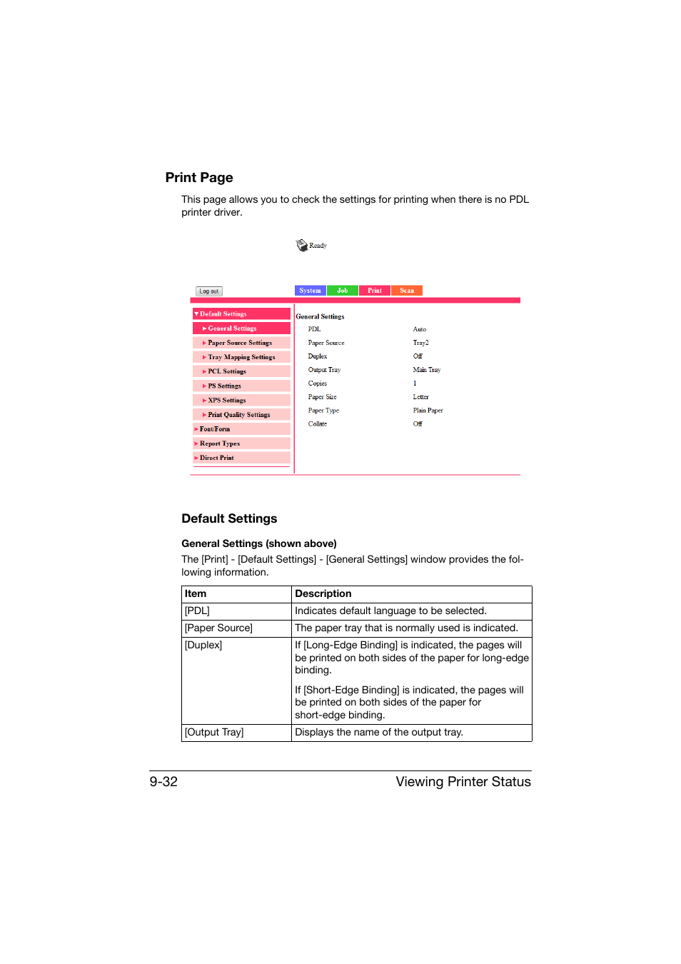 Default settings, Default settings -32, Viewing printer status 9-32 print page | Konica Minolta bizhub C25 User Manual | Page 319 / 551