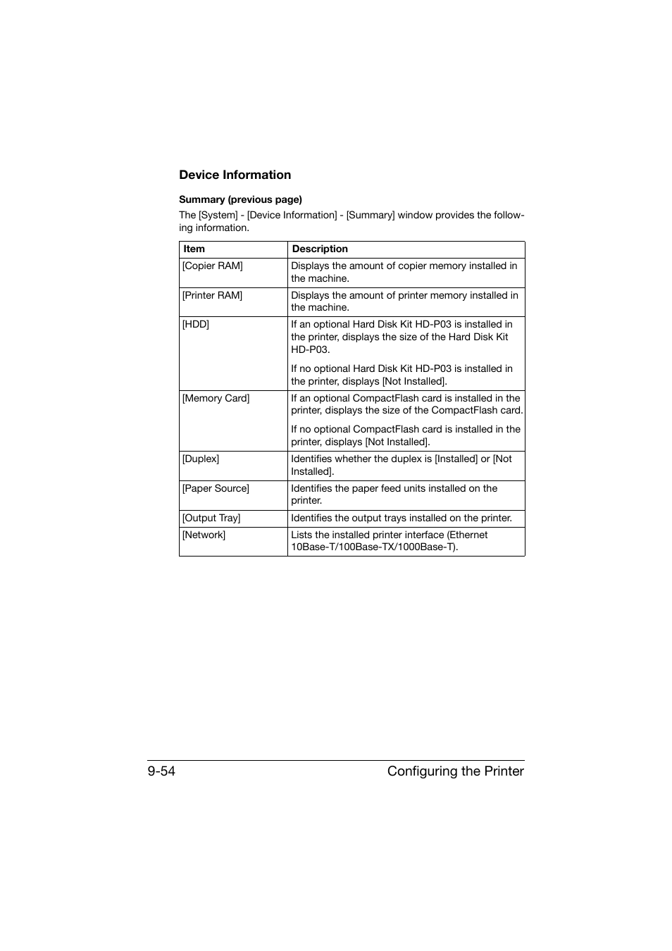 Device information, Device information -54, Configuring the printer 9-54 | Konica Minolta bizhub C25 User Manual | Page 341 / 551