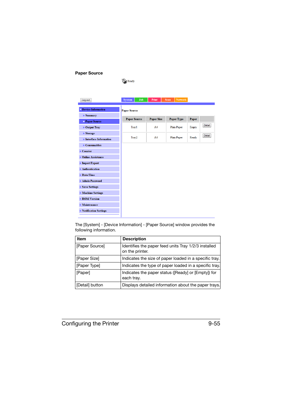 Configuring the printer 9-55 | Konica Minolta bizhub C25 User Manual | Page 342 / 551