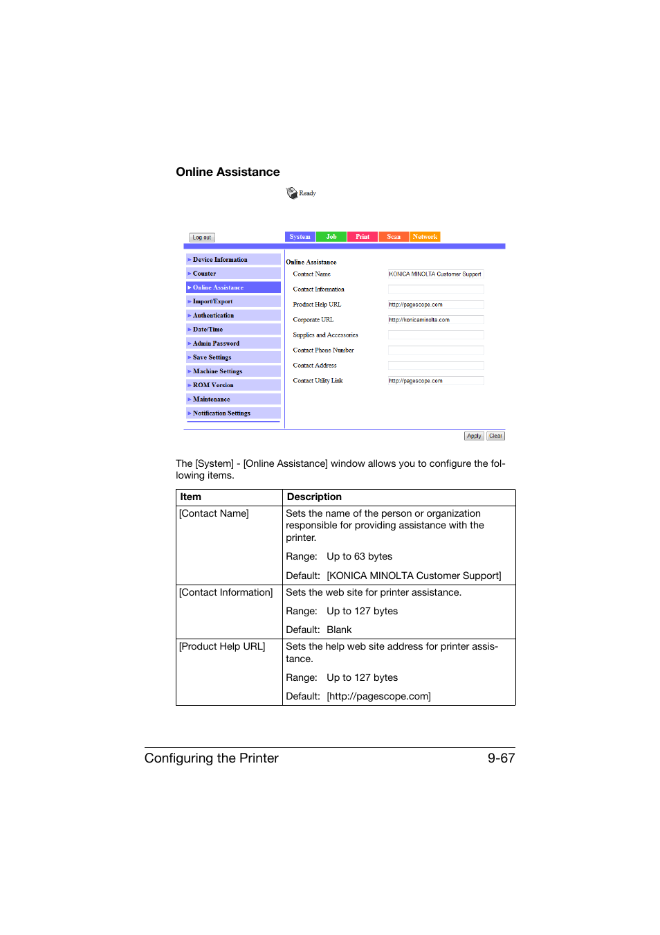 Online assistance, Online assistance -67, Configuring the printer 9-67 | Konica Minolta bizhub C25 User Manual | Page 354 / 551