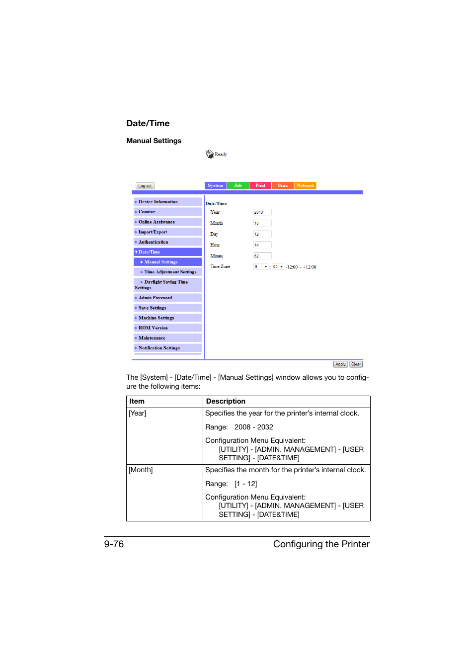 Date/time, Date/time -76, Configuring the printer 9-76 | Konica Minolta bizhub C25 User Manual | Page 363 / 551