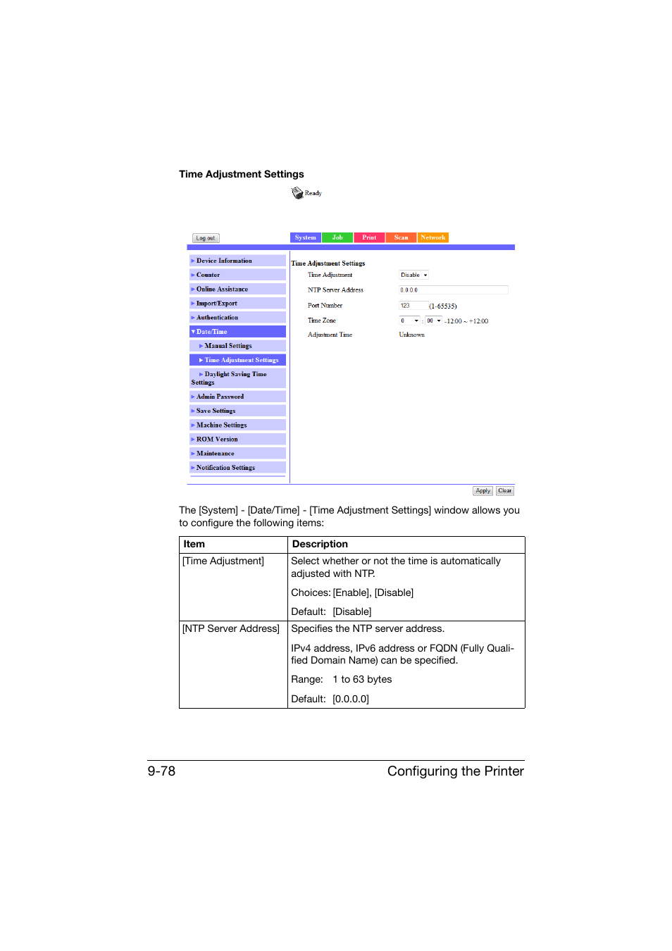 Configuring the printer 9-78 | Konica Minolta bizhub C25 User Manual | Page 365 / 551