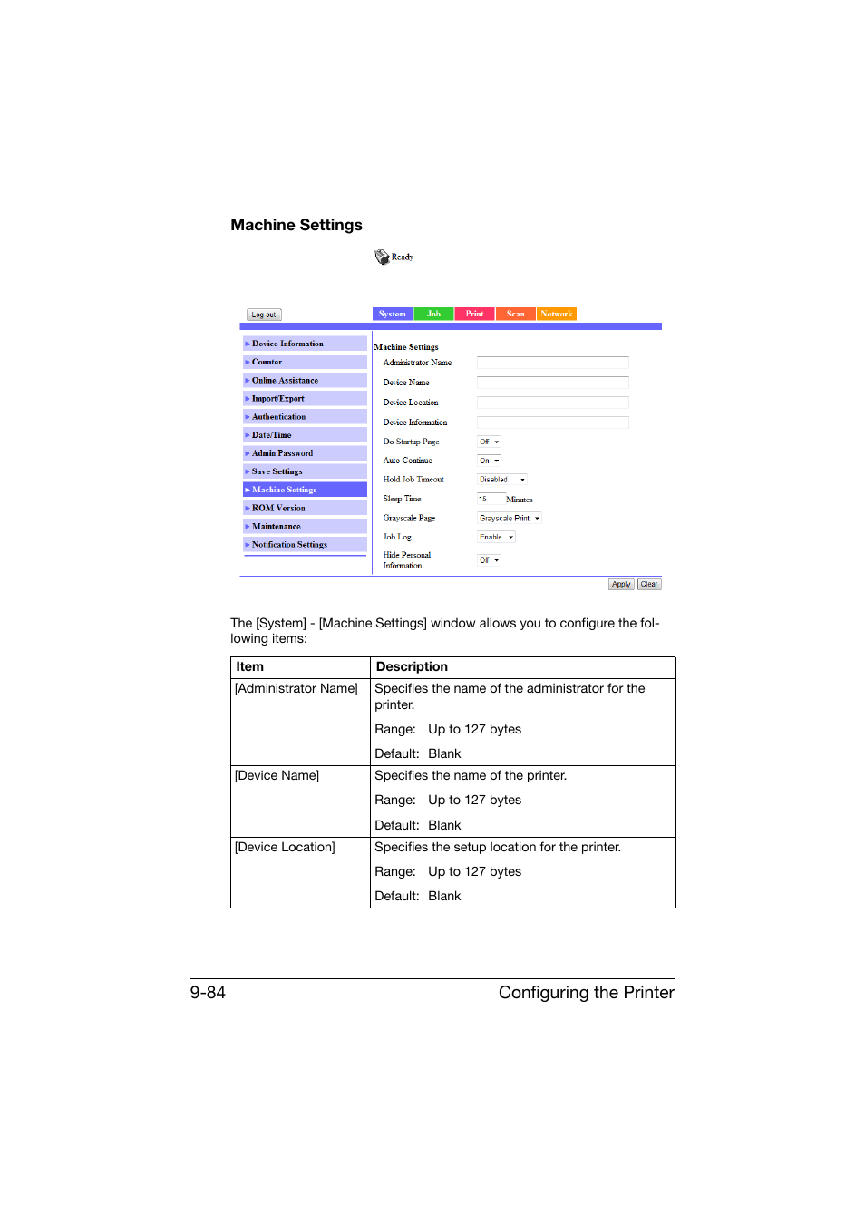 Machine settings, Machine settings -84, Configuring the printer 9-84 | Konica Minolta bizhub C25 User Manual | Page 371 / 551