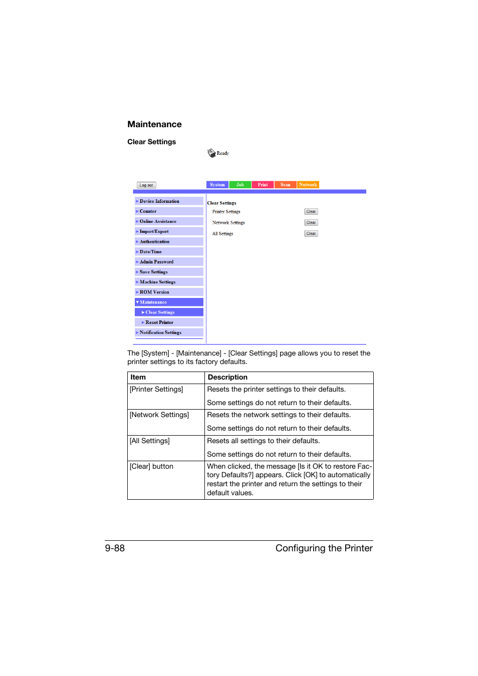 Maintenance, Maintenance -88, Configuring the printer 9-88 | Konica Minolta bizhub C25 User Manual | Page 375 / 551