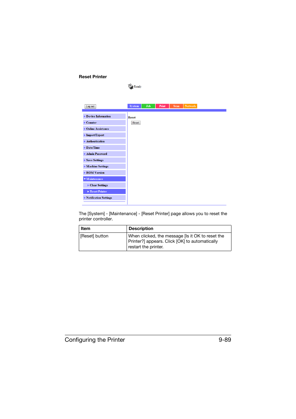 Configuring the printer 9-89 | Konica Minolta bizhub C25 User Manual | Page 376 / 551