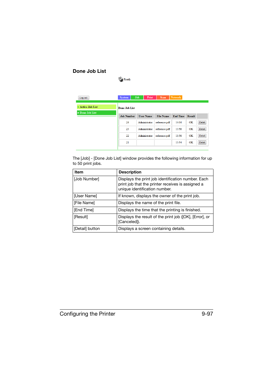 Done job list, Done job list -97, Configuring the printer 9-97 | Konica Minolta bizhub C25 User Manual | Page 384 / 551