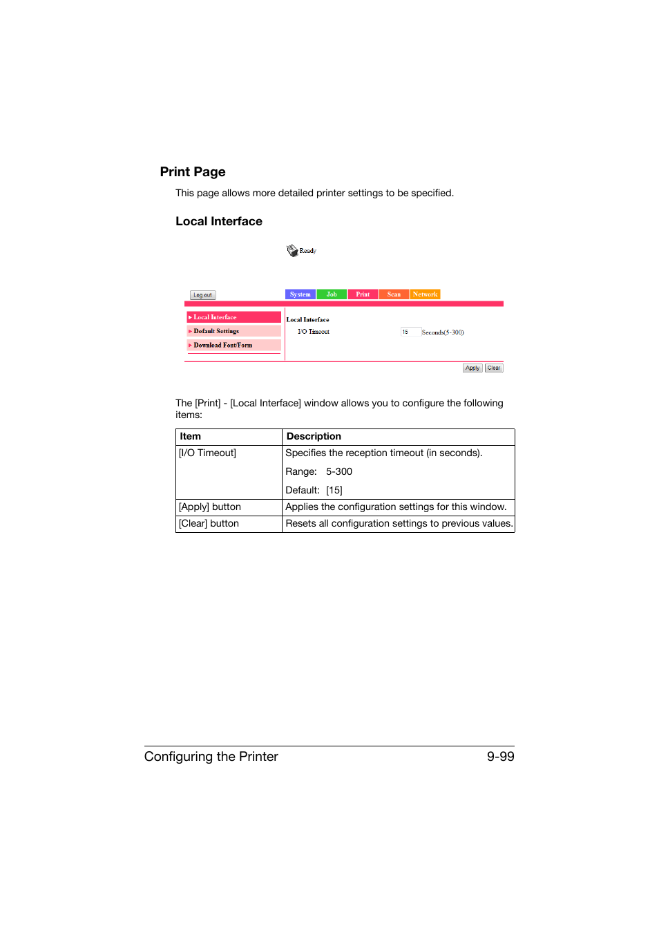 Local interface, Local interface -99, Configuring the printer 9-99 print page | Konica Minolta bizhub C25 User Manual | Page 386 / 551