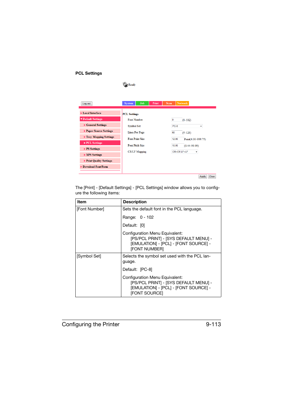 Configuring the printer 9-113 | Konica Minolta bizhub C25 User Manual | Page 400 / 551