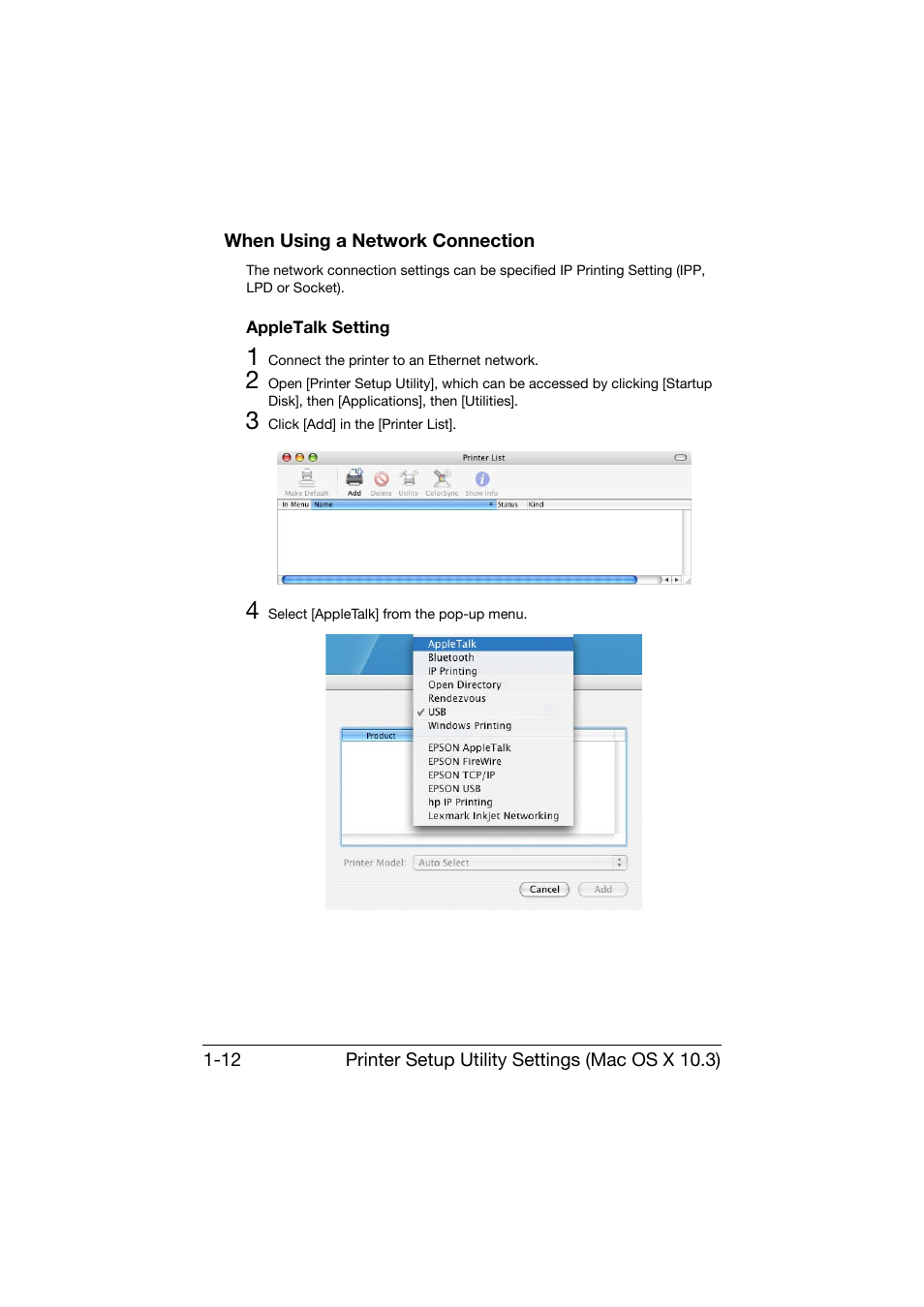 When using a network connection, Appletalk setting, When using a network connection -12 | Appletalk setting -12 | Konica Minolta bizhub C25 User Manual | Page 41 / 551