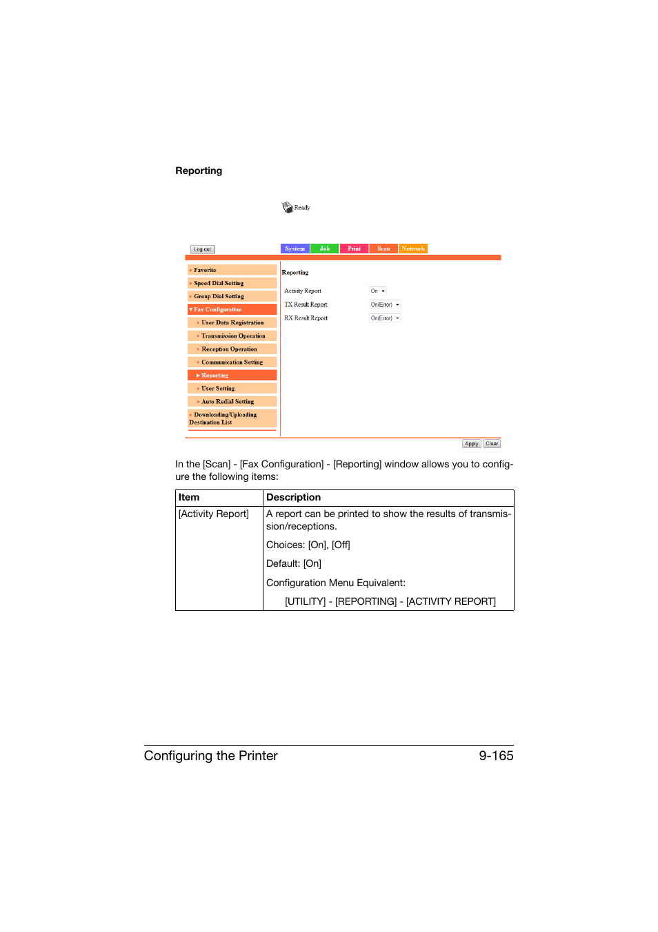Configuring the printer 9-165 | Konica Minolta bizhub C25 User Manual | Page 452 / 551