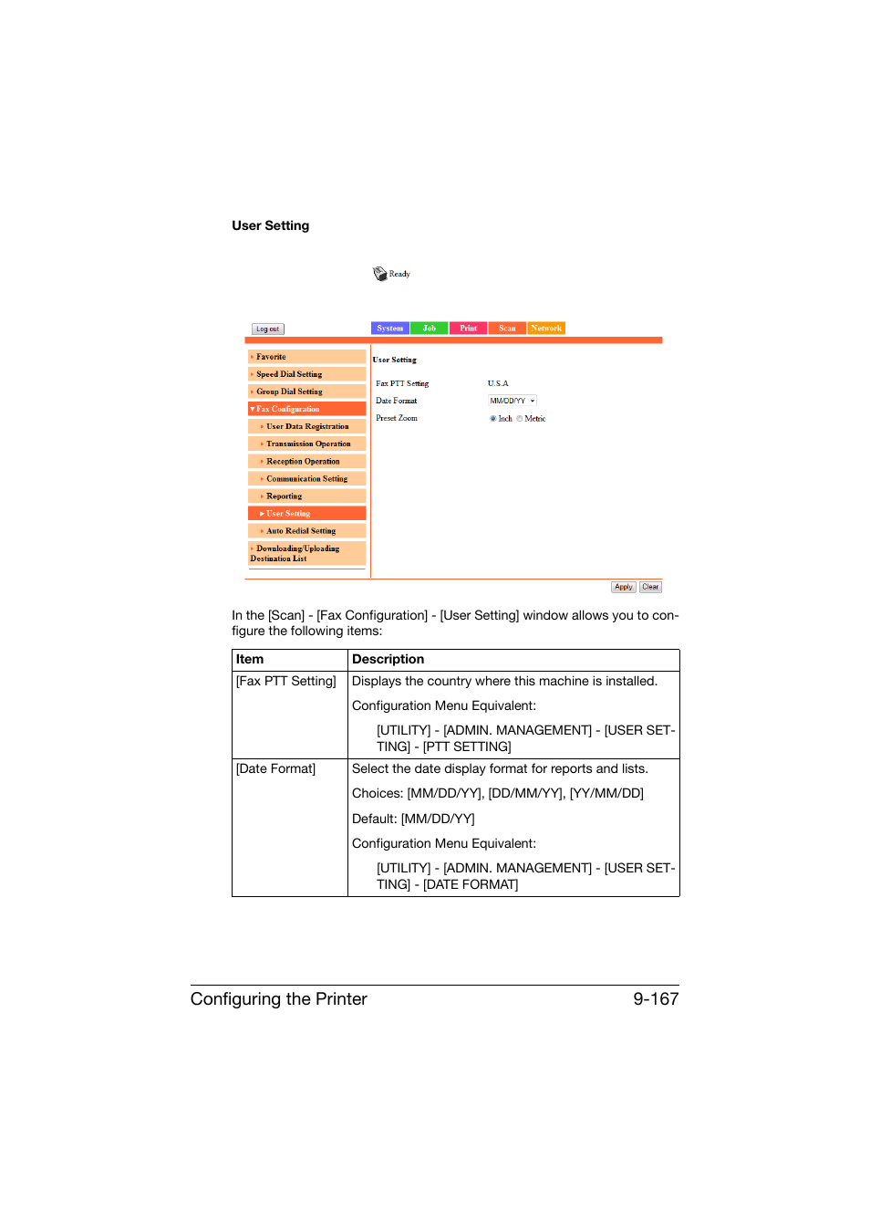 Configuring the printer 9-167 | Konica Minolta bizhub C25 User Manual | Page 454 / 551