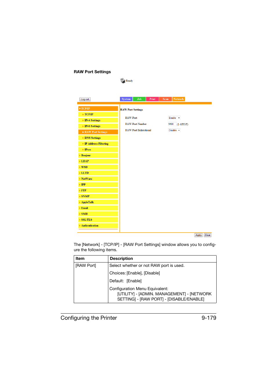 Configuring the printer 9-179 | Konica Minolta bizhub C25 User Manual | Page 466 / 551