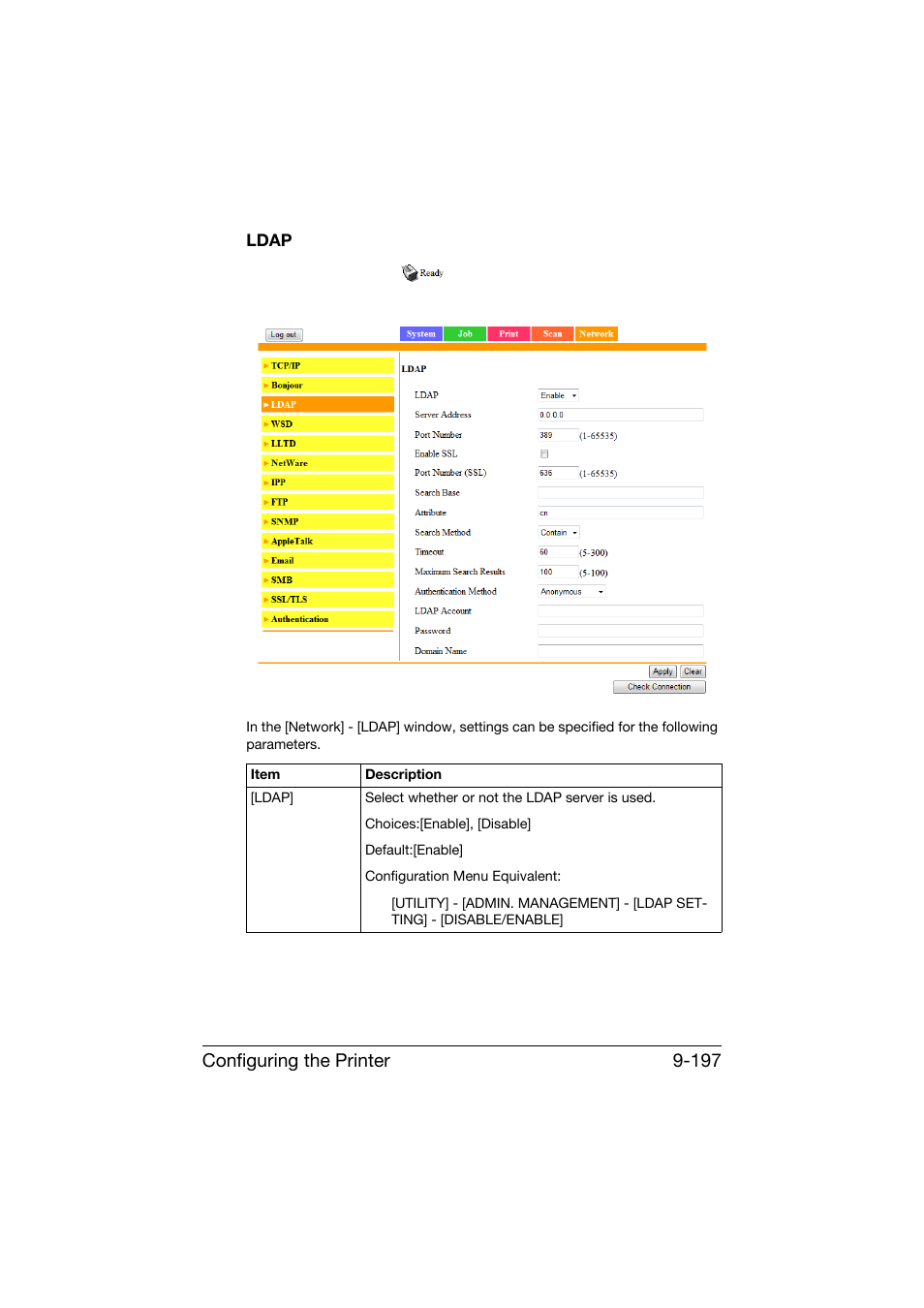 Ldap, Ldap -197, Configuring the printer 9-197 | Konica Minolta bizhub C25 User Manual | Page 484 / 551