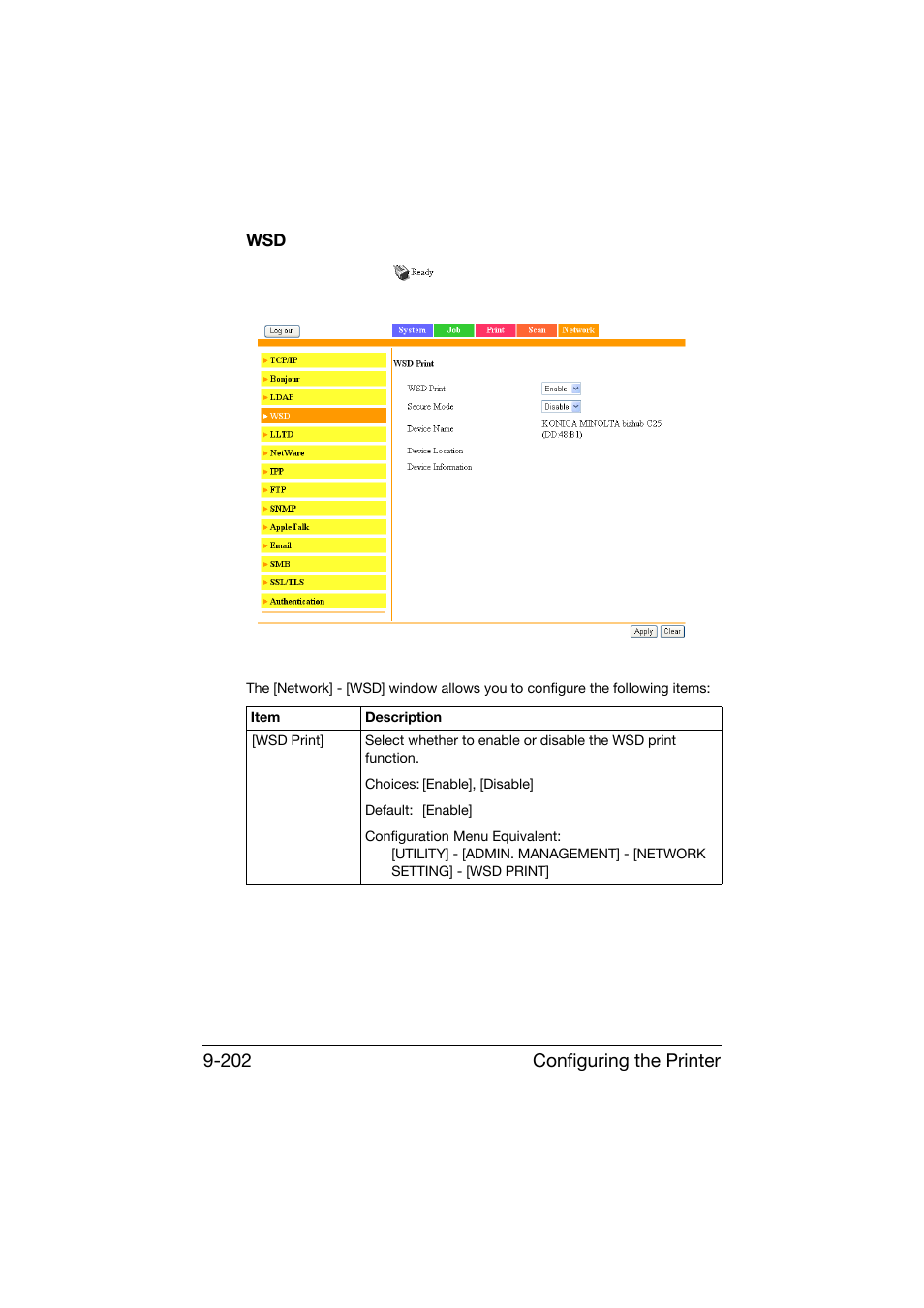 Wsd -202, Configuring the printer 9-202 | Konica Minolta bizhub C25 User Manual | Page 489 / 551