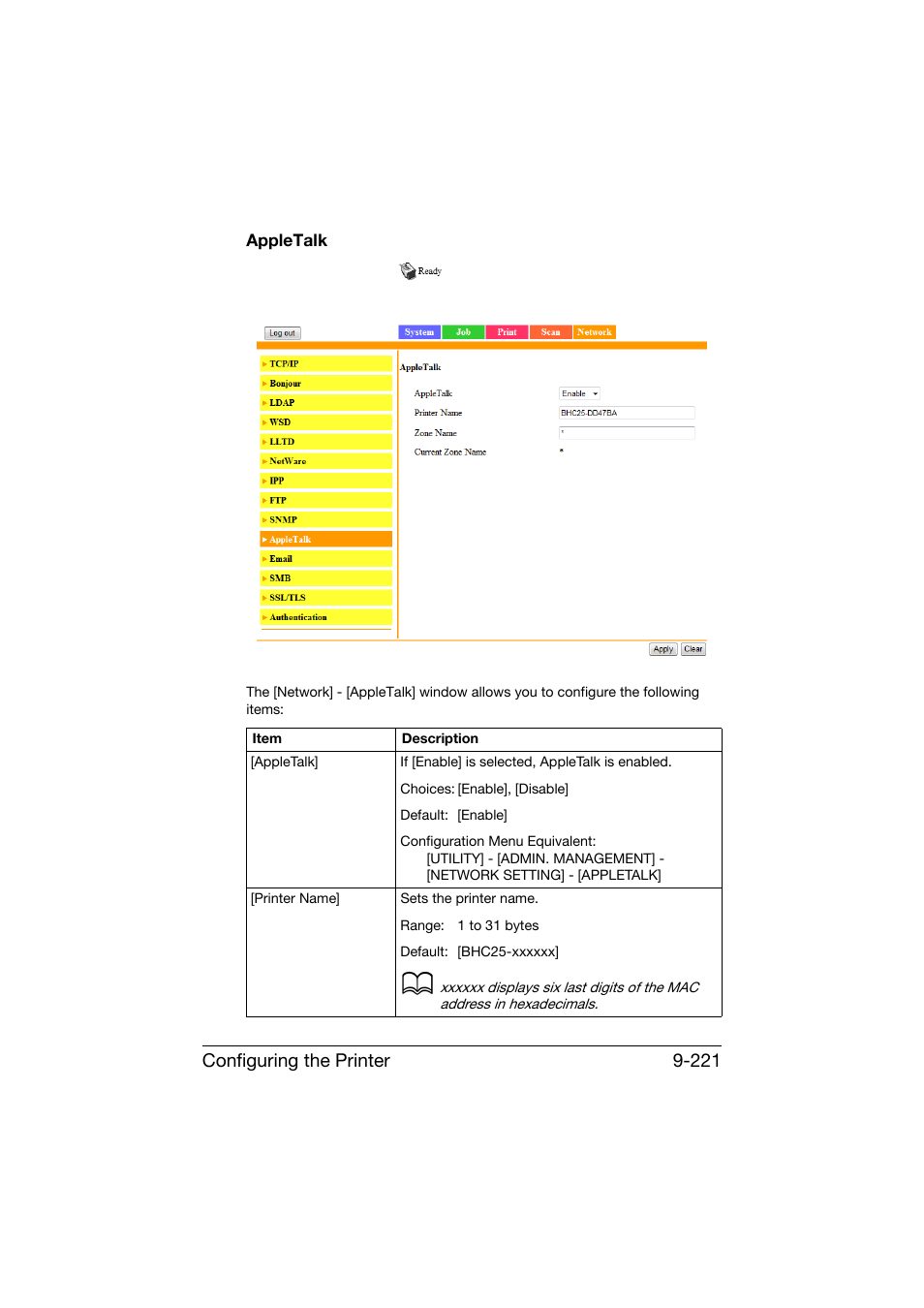 Appletalk, Appletalk -221, Configuring the printer 9-221 | Konica Minolta bizhub C25 User Manual | Page 508 / 551