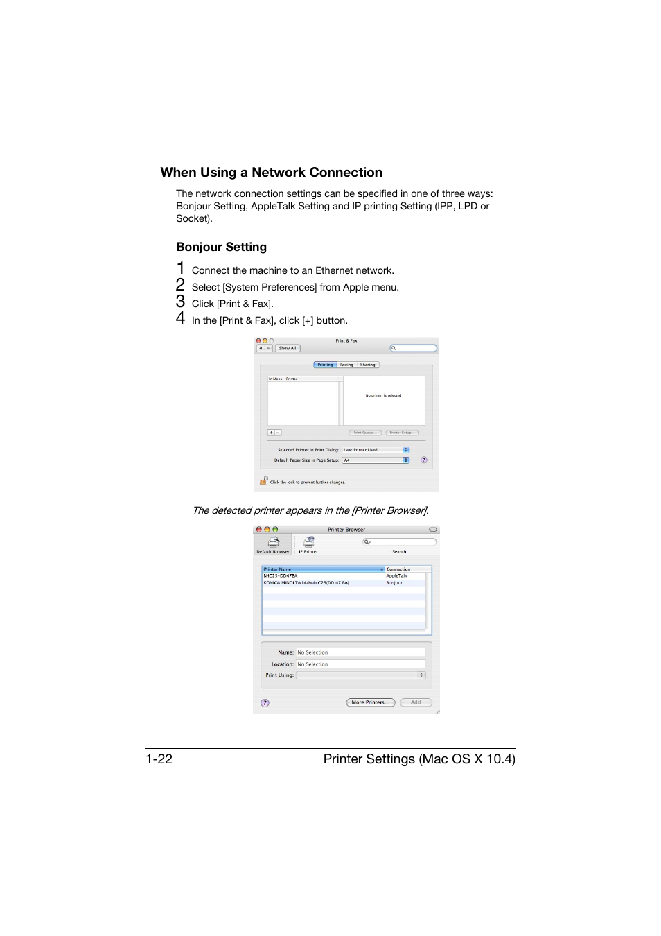 When using a network connection, Bonjour setting, When using a network connection -22 | Bonjour setting -22 | Konica Minolta bizhub C25 User Manual | Page 51 / 551