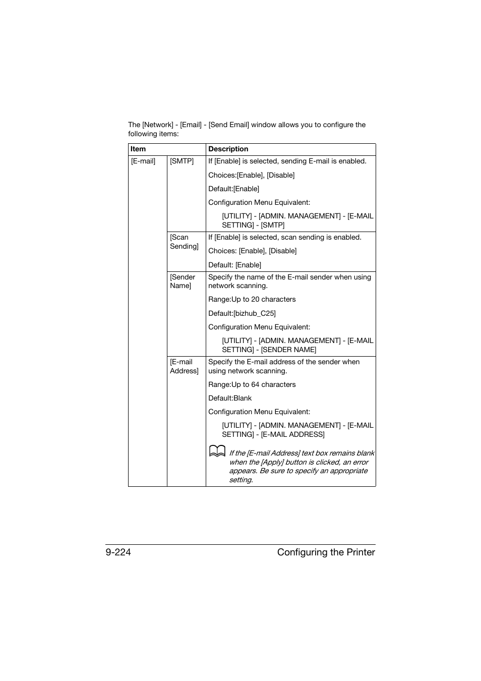 Configuring the printer 9-224 | Konica Minolta bizhub C25 User Manual | Page 511 / 551