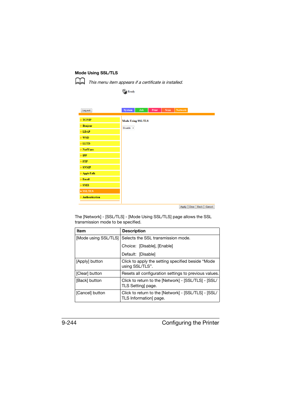 Configuring the printer 9-244 | Konica Minolta bizhub C25 User Manual | Page 531 / 551