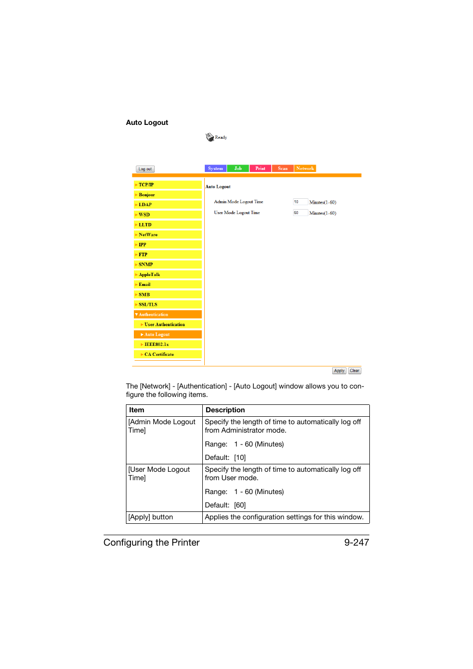 Configuring the printer 9-247 | Konica Minolta bizhub C25 User Manual | Page 534 / 551