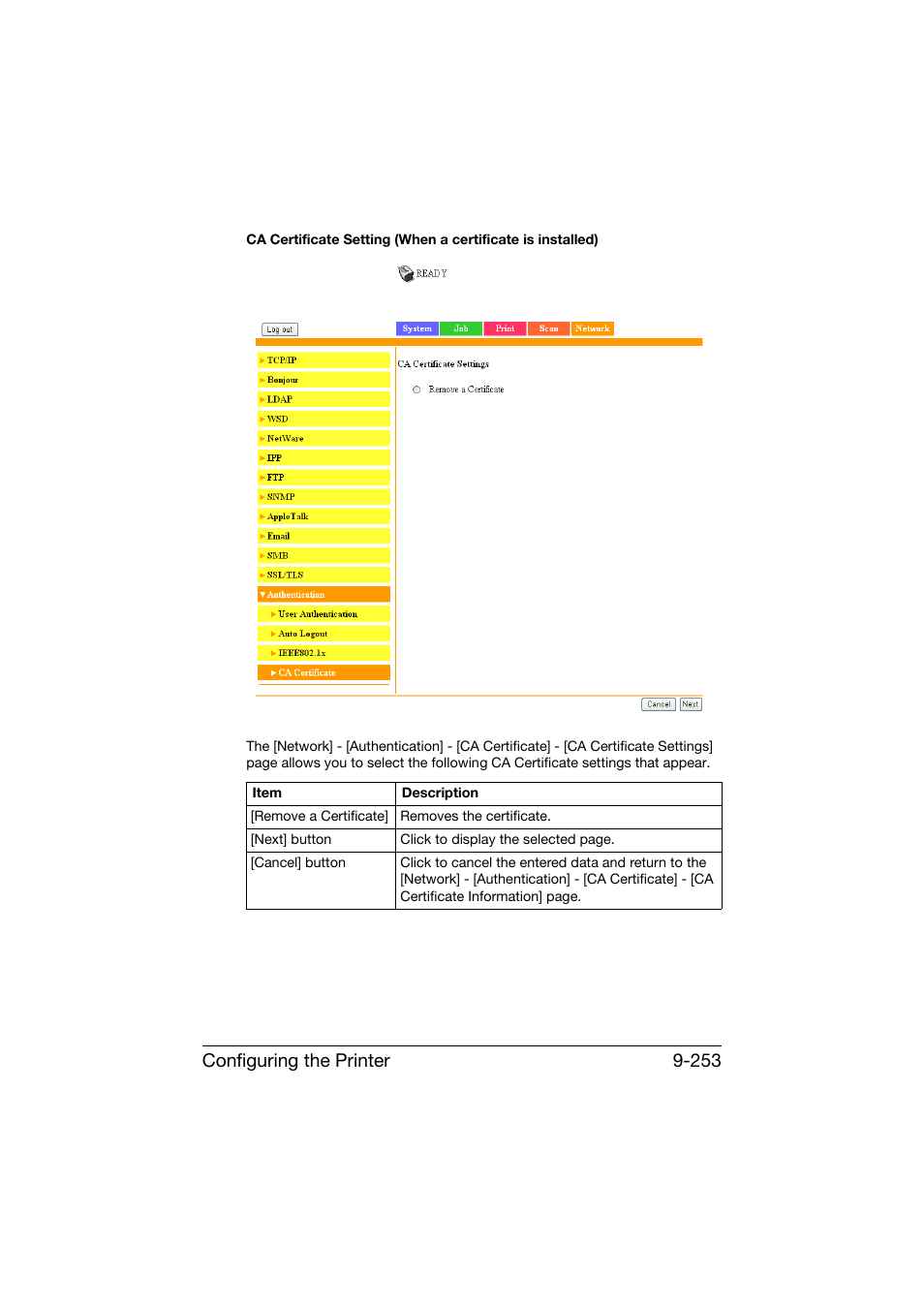 Configuring the printer 9-253 | Konica Minolta bizhub C25 User Manual | Page 540 / 551