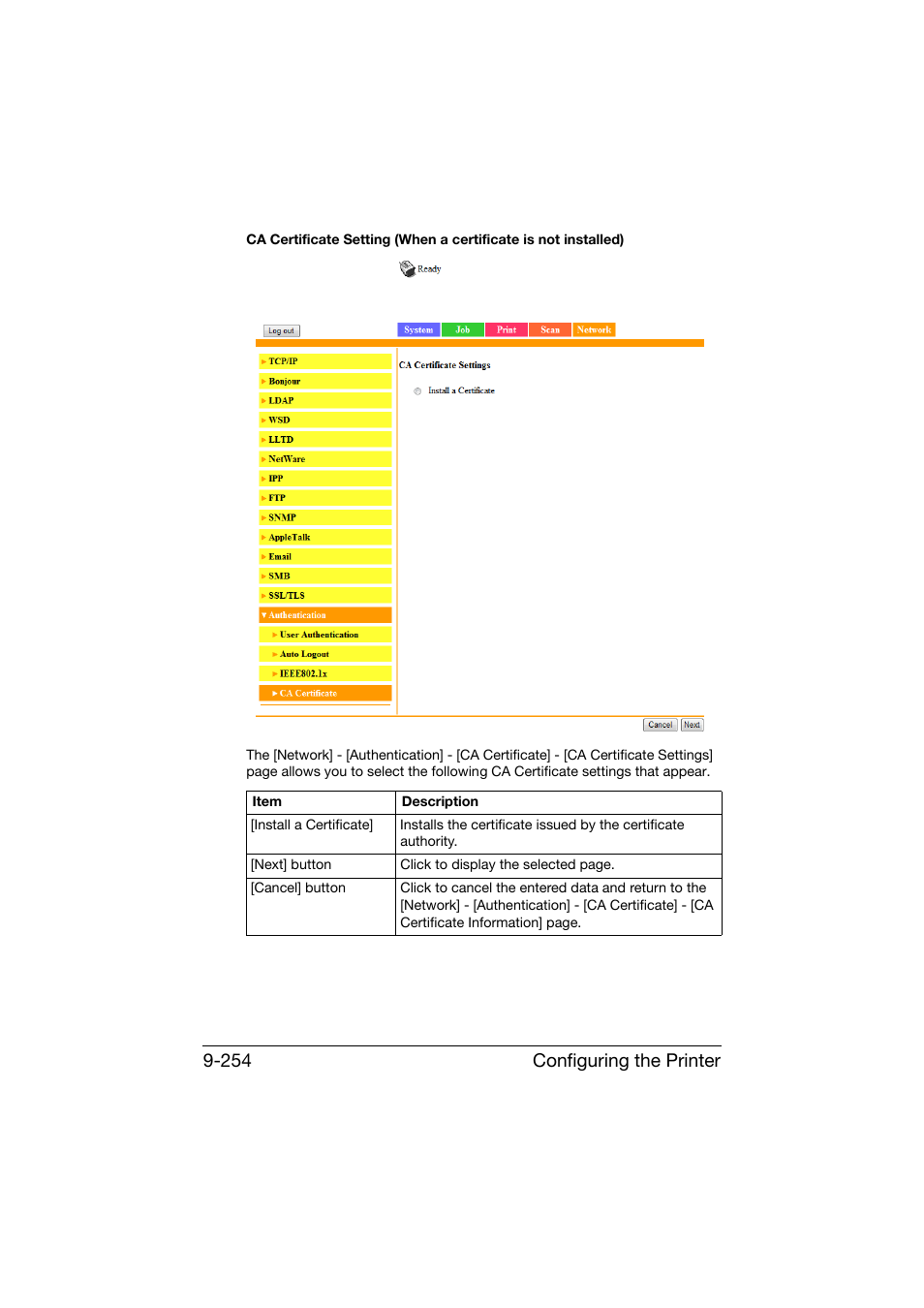 Configuring the printer 9-254 | Konica Minolta bizhub C25 User Manual | Page 541 / 551