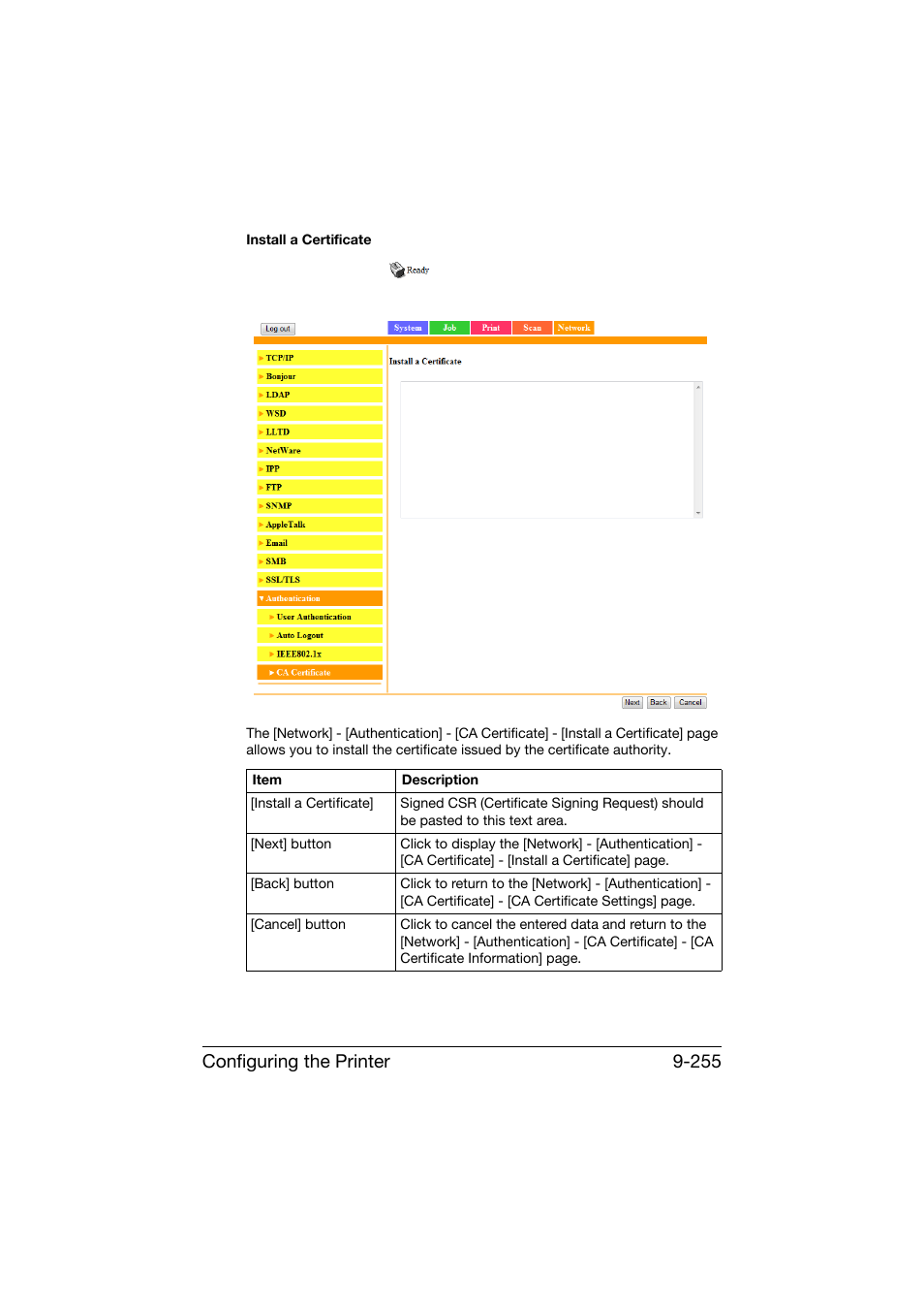 Configuring the printer 9-255 | Konica Minolta bizhub C25 User Manual | Page 542 / 551
