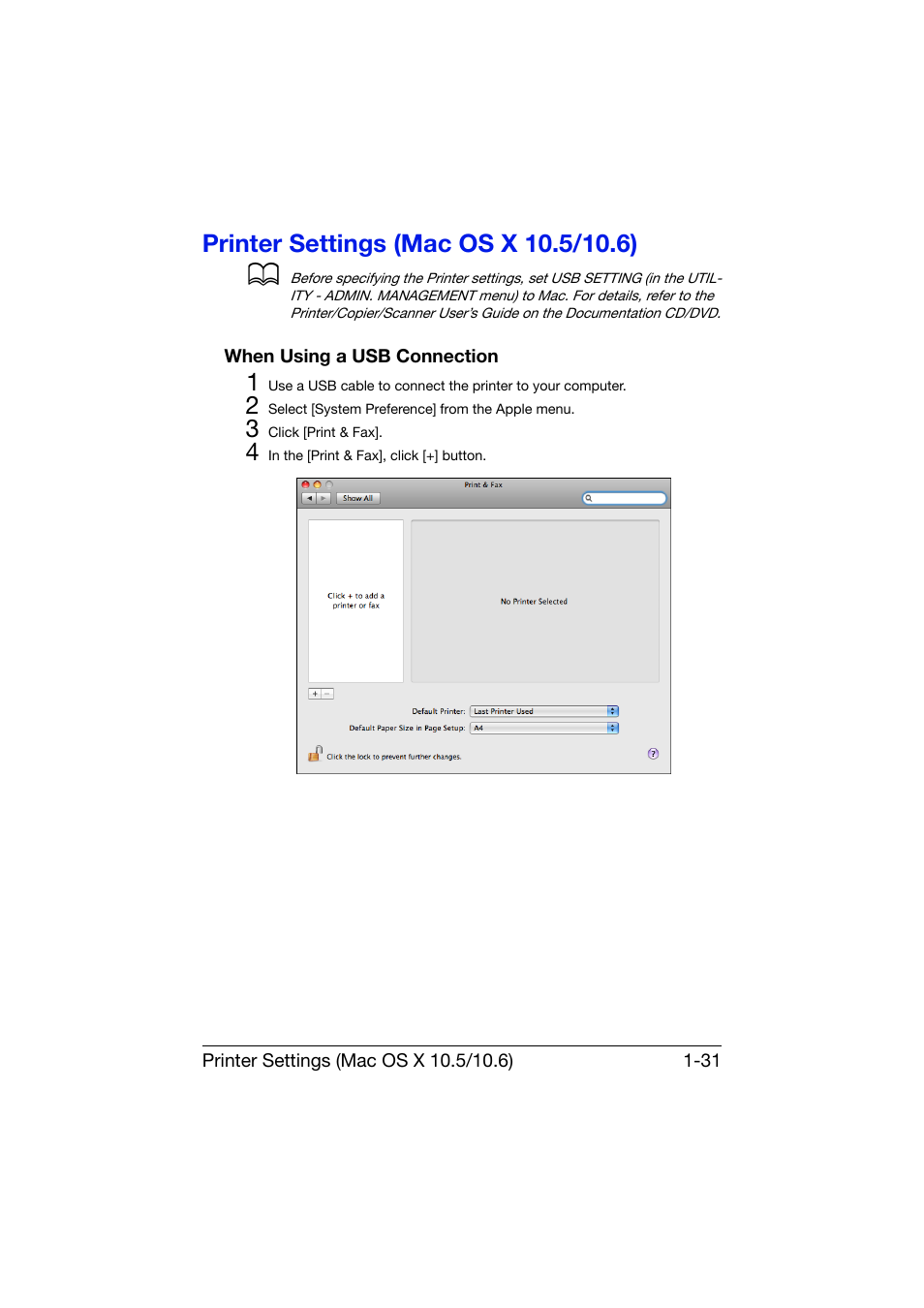 Printer settings (mac os x 10.5/10.6), When using a usb connection, Printer settings (mac os x 10.5/10.6) -31 | When using a usb connection -31 | Konica Minolta bizhub C25 User Manual | Page 60 / 551