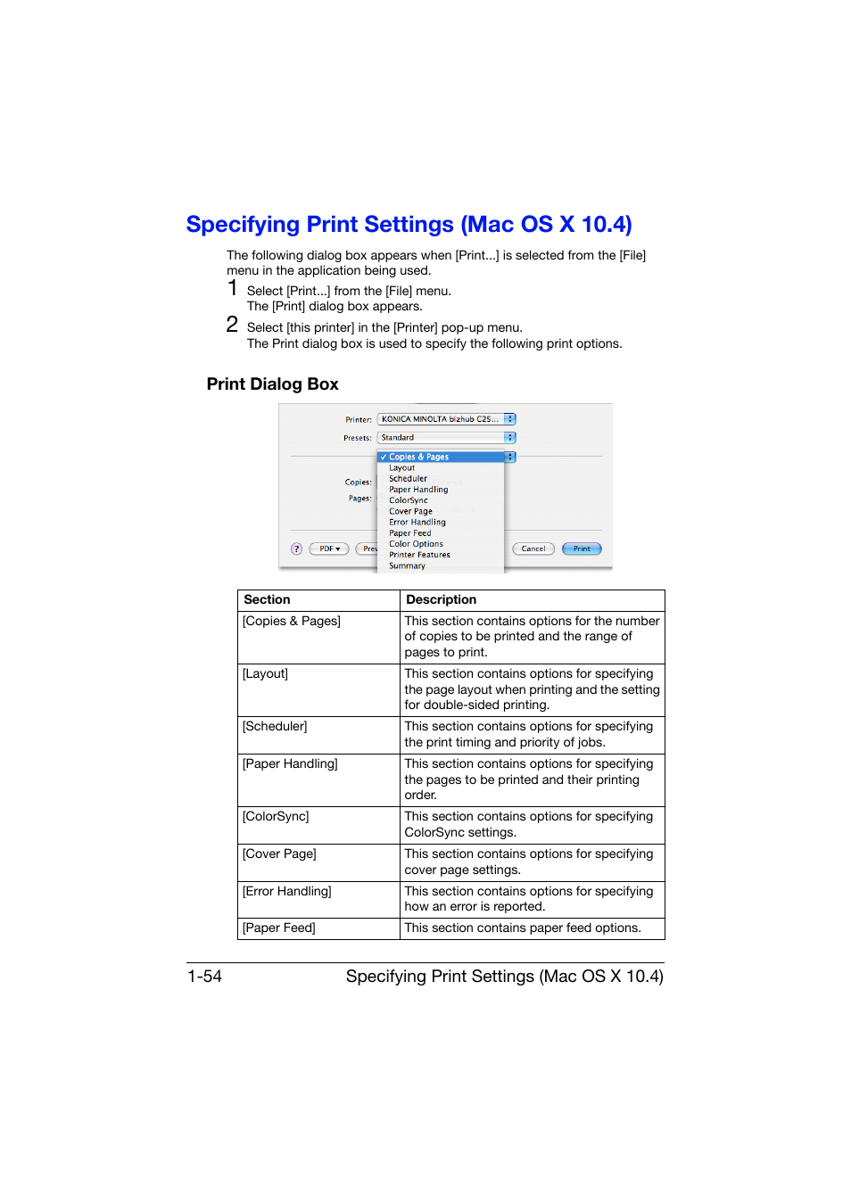 Specifying print settings (mac os x 10.4), Print dialog box, Specifying print settings (mac os x 10.4) -54 | Print dialog box -54 | Konica Minolta bizhub C25 User Manual | Page 83 / 551