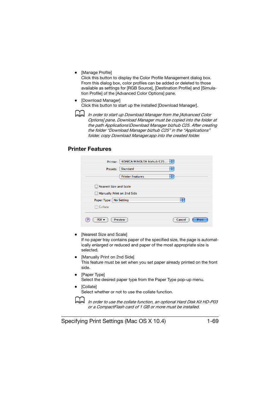 Printer features, Printer features -69 | Konica Minolta bizhub C25 User Manual | Page 98 / 551