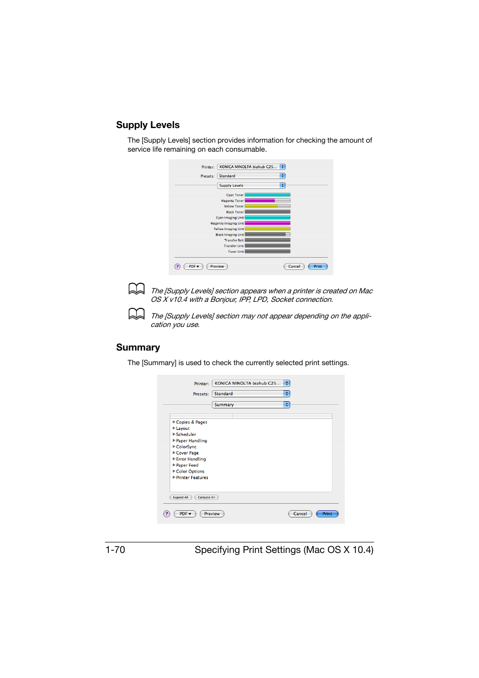 Supply levels, Summary, Supply levels -70 summary -70 | Konica Minolta bizhub C25 User Manual | Page 99 / 551