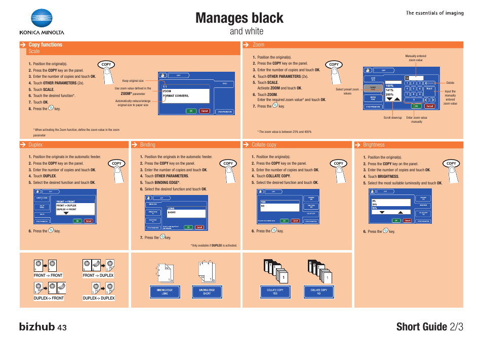 Manages black, Short guide 2/3, And white | Konica Minolta bizhub 43 User Manual | Page 2 / 3