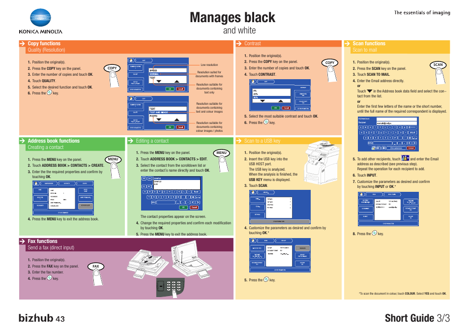 Manages black, Short guide 3/3, And white | Konica Minolta bizhub 43 User Manual | Page 3 / 3