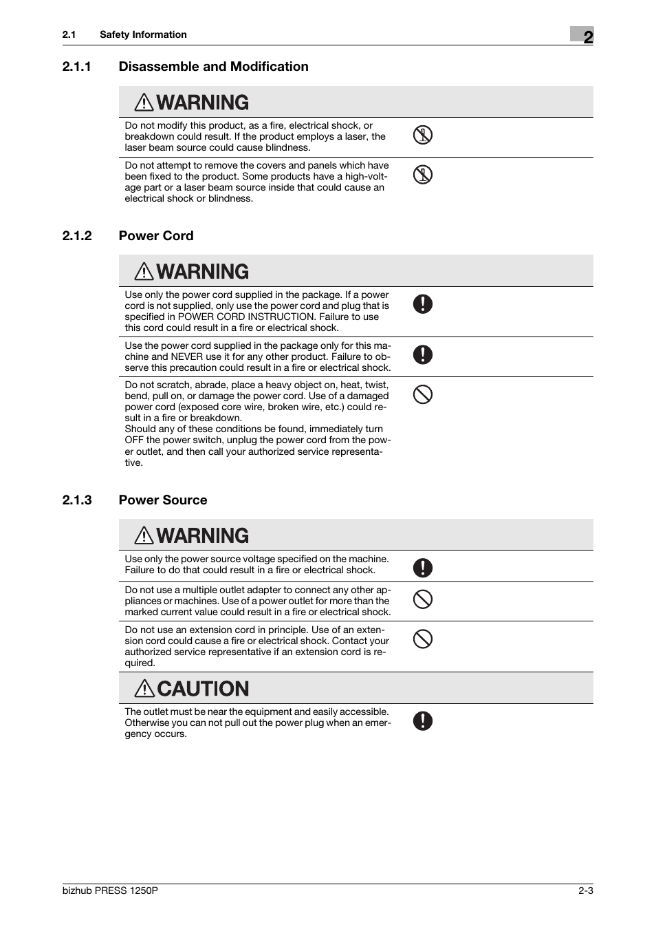 1 disassemble and modification, 2 power cord, 3 power source | Disassemble and modification -3, Power cord -3, Power source -3 | Konica Minolta bizhub PRESS 1250P User Manual | Page 11 / 44