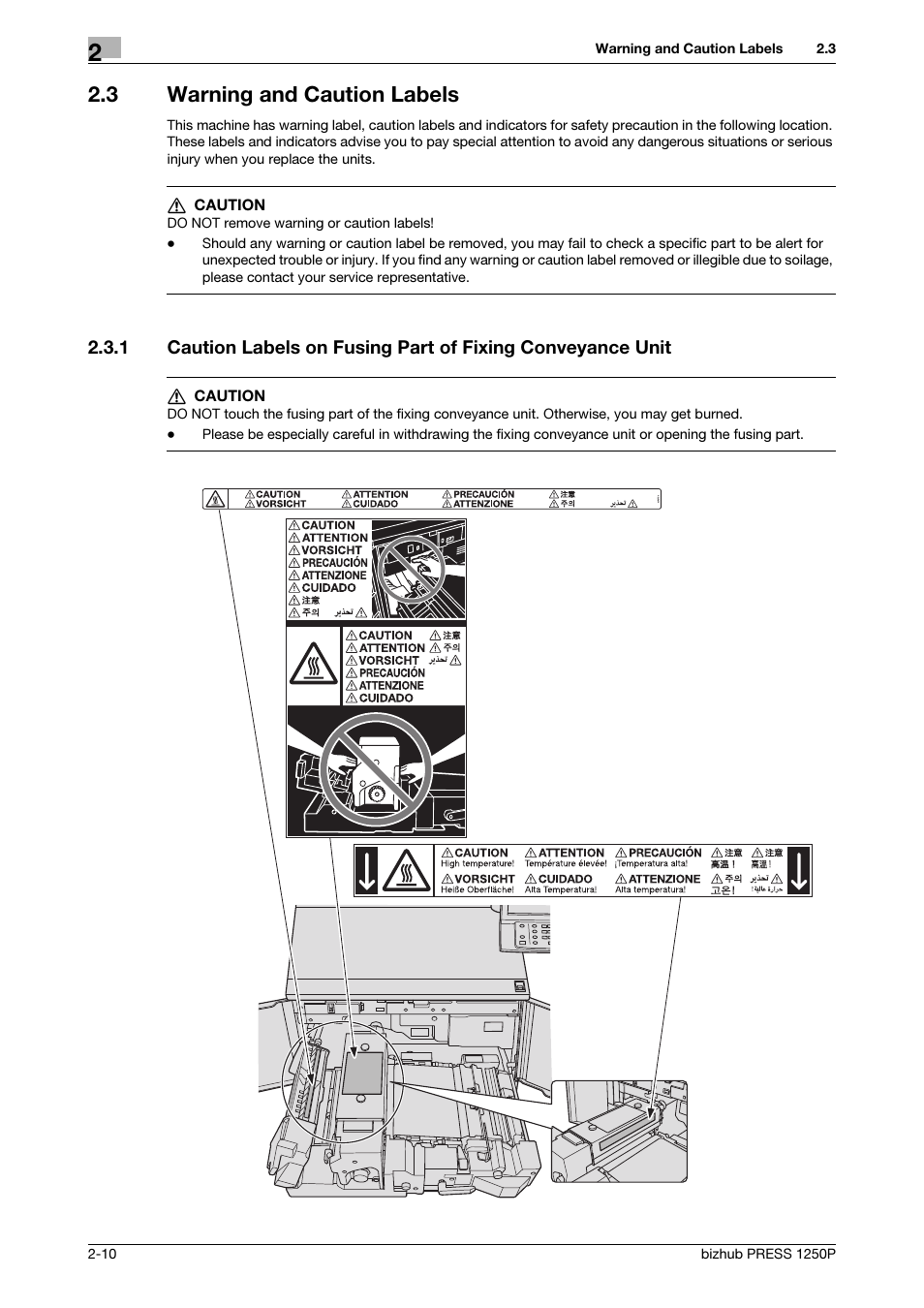 3 warning and caution labels, Warning and caution labels -10 | Konica Minolta bizhub PRESS 1250P User Manual | Page 18 / 44