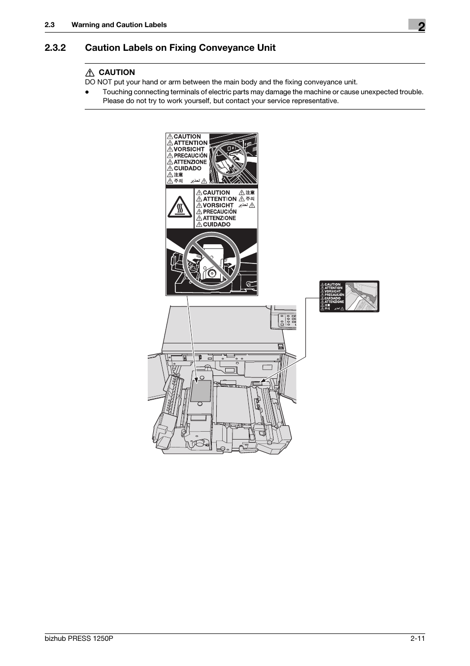 2 caution labels on fixing conveyance unit, Caution labels on fixing conveyance unit -11 | Konica Minolta bizhub PRESS 1250P User Manual | Page 19 / 44