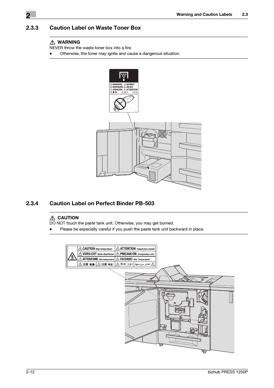 3 caution label on waste toner box, 4 caution label on perfect binder pb-503, Caution label on waste toner box -12 | Caution label on perfect binder pb-503 -12 | Konica Minolta bizhub PRESS 1250P User Manual | Page 20 / 44