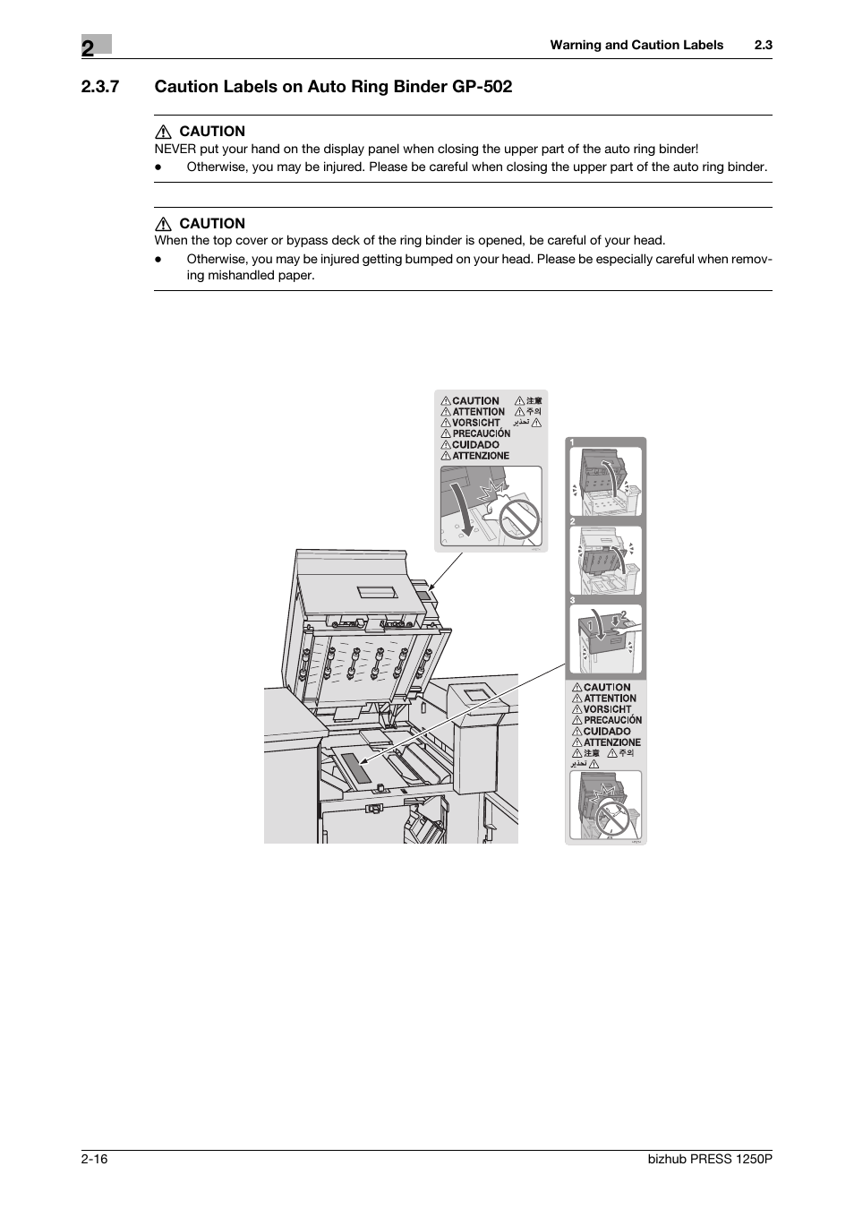 7 caution labels on auto ring binder gp-502, Caution labels on auto ring binder gp-502 -16 | Konica Minolta bizhub PRESS 1250P User Manual | Page 24 / 44