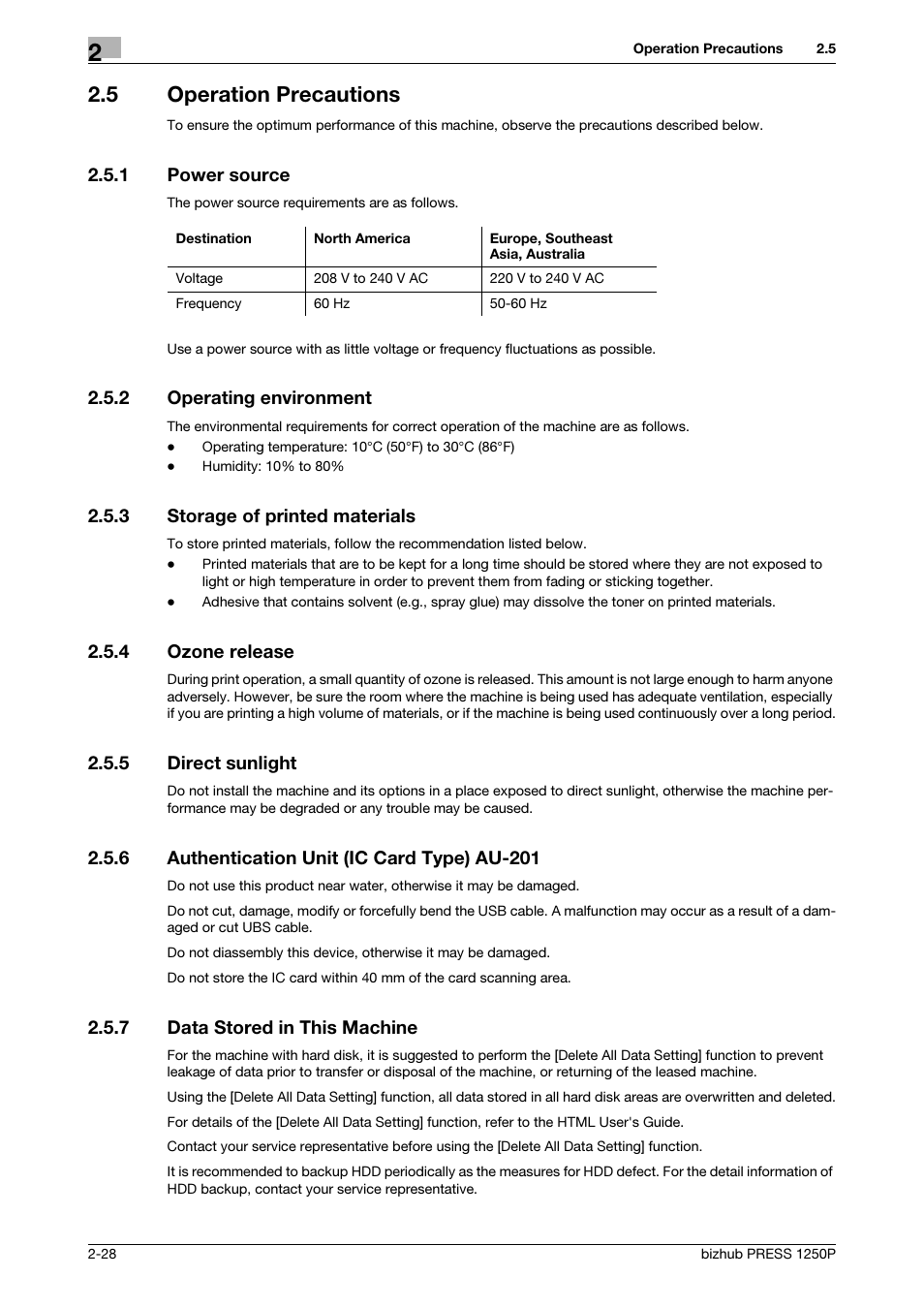 5 operation precautions, 1 power source, 2 operating environment | 3 storage of printed materials, 4 ozone release, 5 direct sunlight, 6 authentication unit (ic card type) au-201, 7 data stored in this machine, Operation precautions -28, Power source -28 | Konica Minolta bizhub PRESS 1250P User Manual | Page 36 / 44