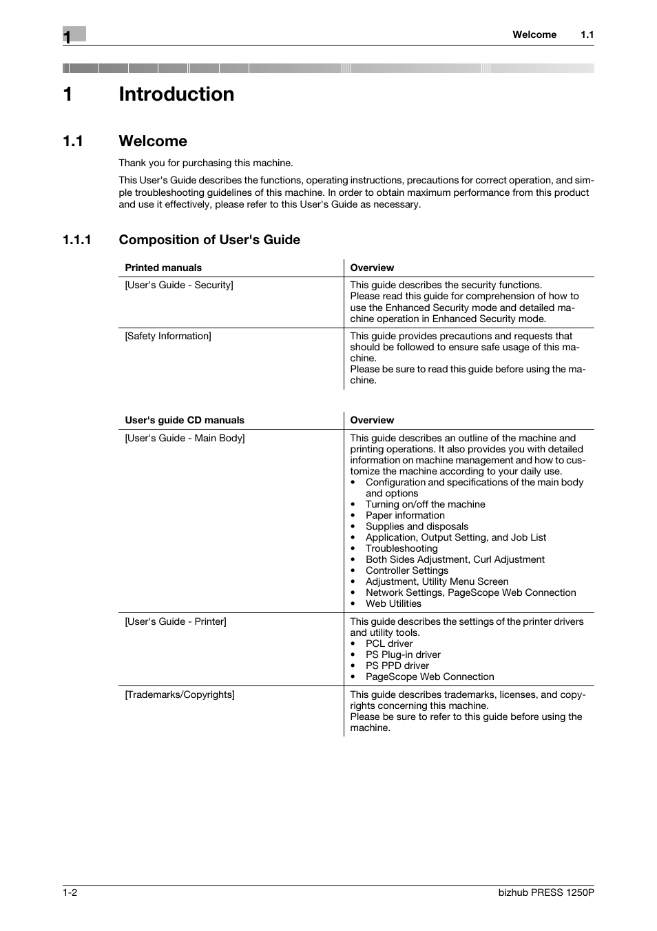 1 introduction, 1 welcome, 1 composition of user's guide | Introduction, Welcome -2, Composition of user's guide -2, 1introduction | Konica Minolta bizhub PRESS 1250P User Manual | Page 6 / 44