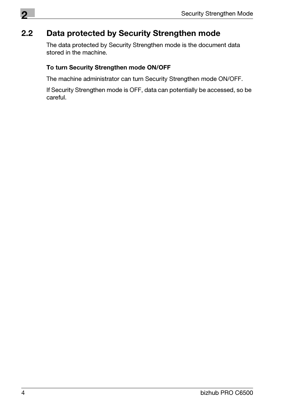 2 data protected by security strengthen mode, To turn security strengthen mode on/off, Data protected by security strengthen mode | Konica Minolta bizhub PRO C6500 User Manual | Page 12 / 32