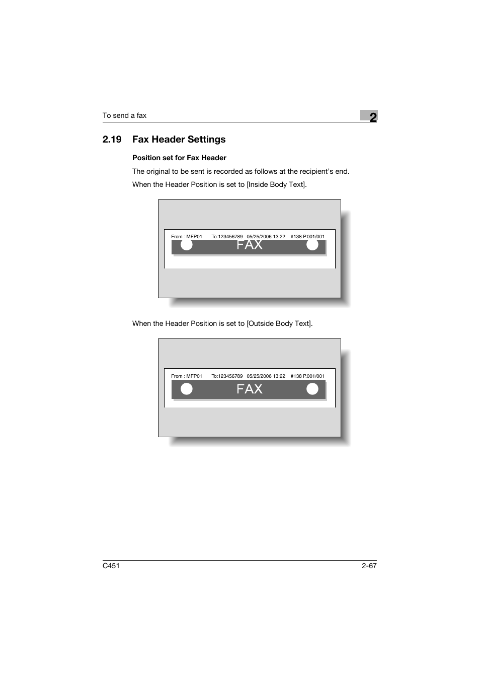 19 fax header settings, Position set for fax header, Fax header settings -67 | Position set for fax header -67 | Konica Minolta FK-502 User Manual | Page 122 / 492