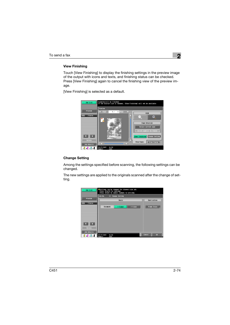 View finishing, Change setting, View finishing -74 change setting -74 | Konica Minolta FK-502 User Manual | Page 129 / 492