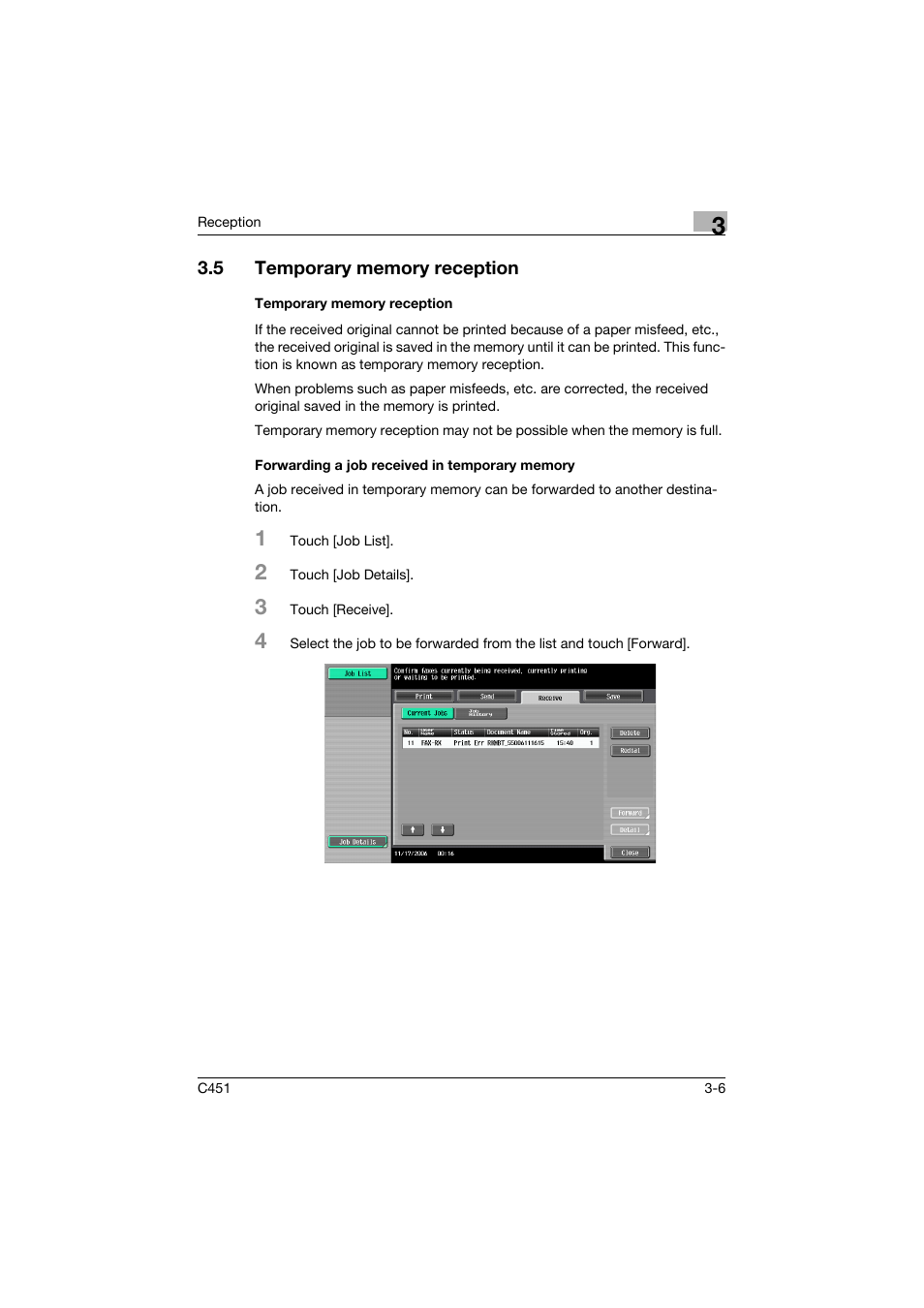 5 temporary memory reception, Temporary memory reception, Forwarding a job received in temporary memory | Temporary memory reception -6 | Konica Minolta FK-502 User Manual | Page 138 / 492