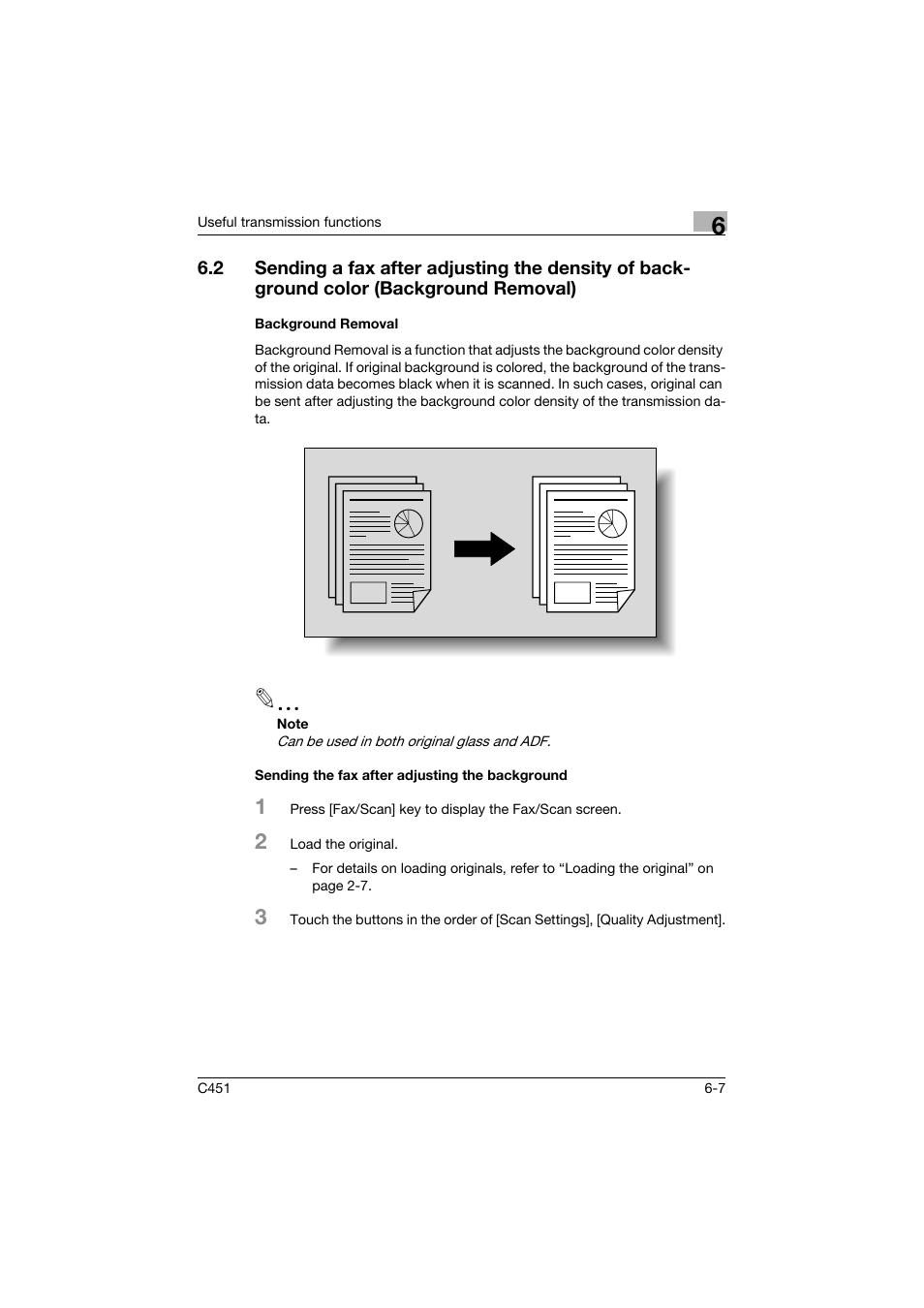 Background removal, Sending the fax after adjusting the background | Konica Minolta FK-502 User Manual | Page 167 / 492