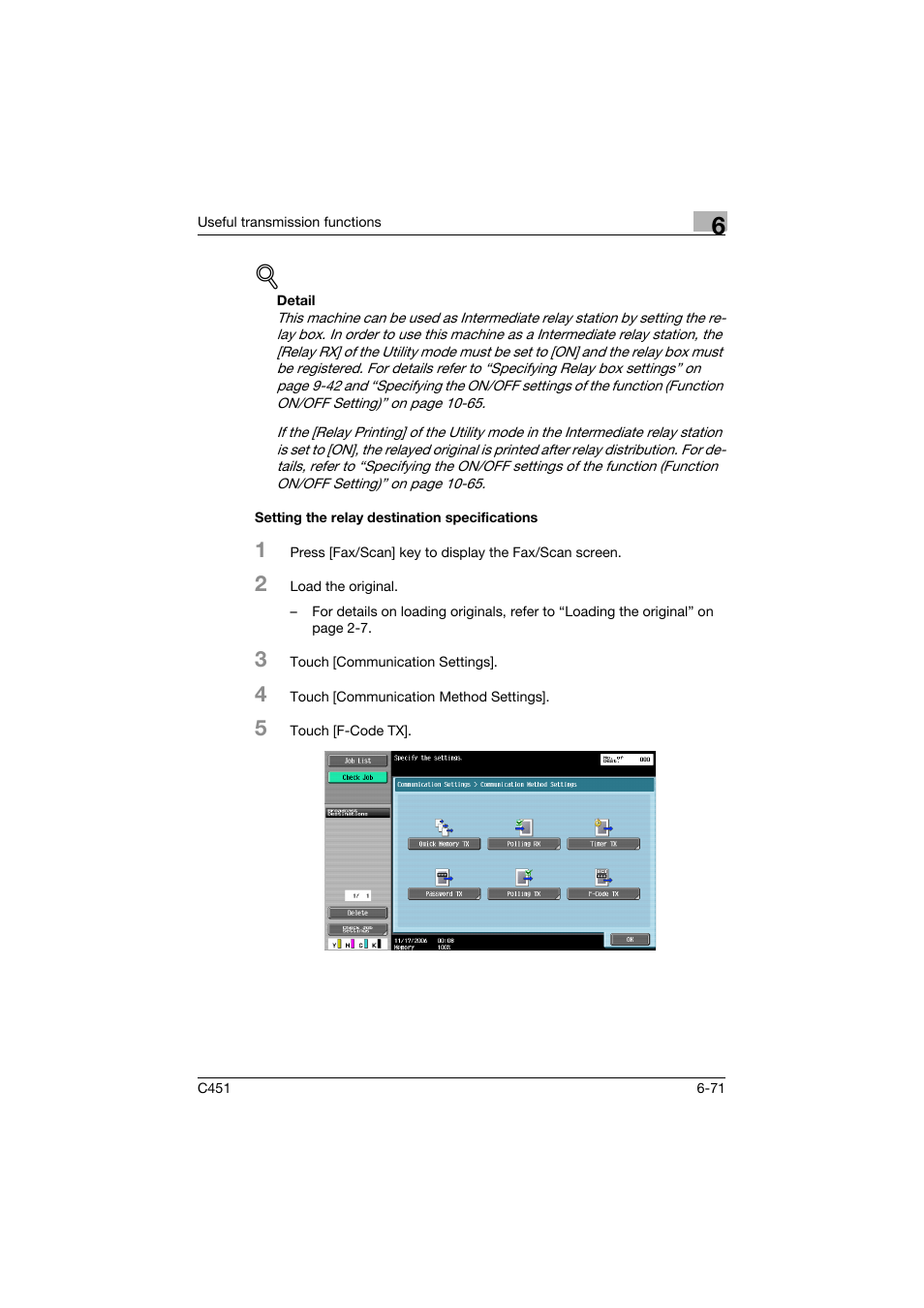 Setting the relay destination specifications, Setting the relay destination specifications -71 | Konica Minolta FK-502 User Manual | Page 231 / 492