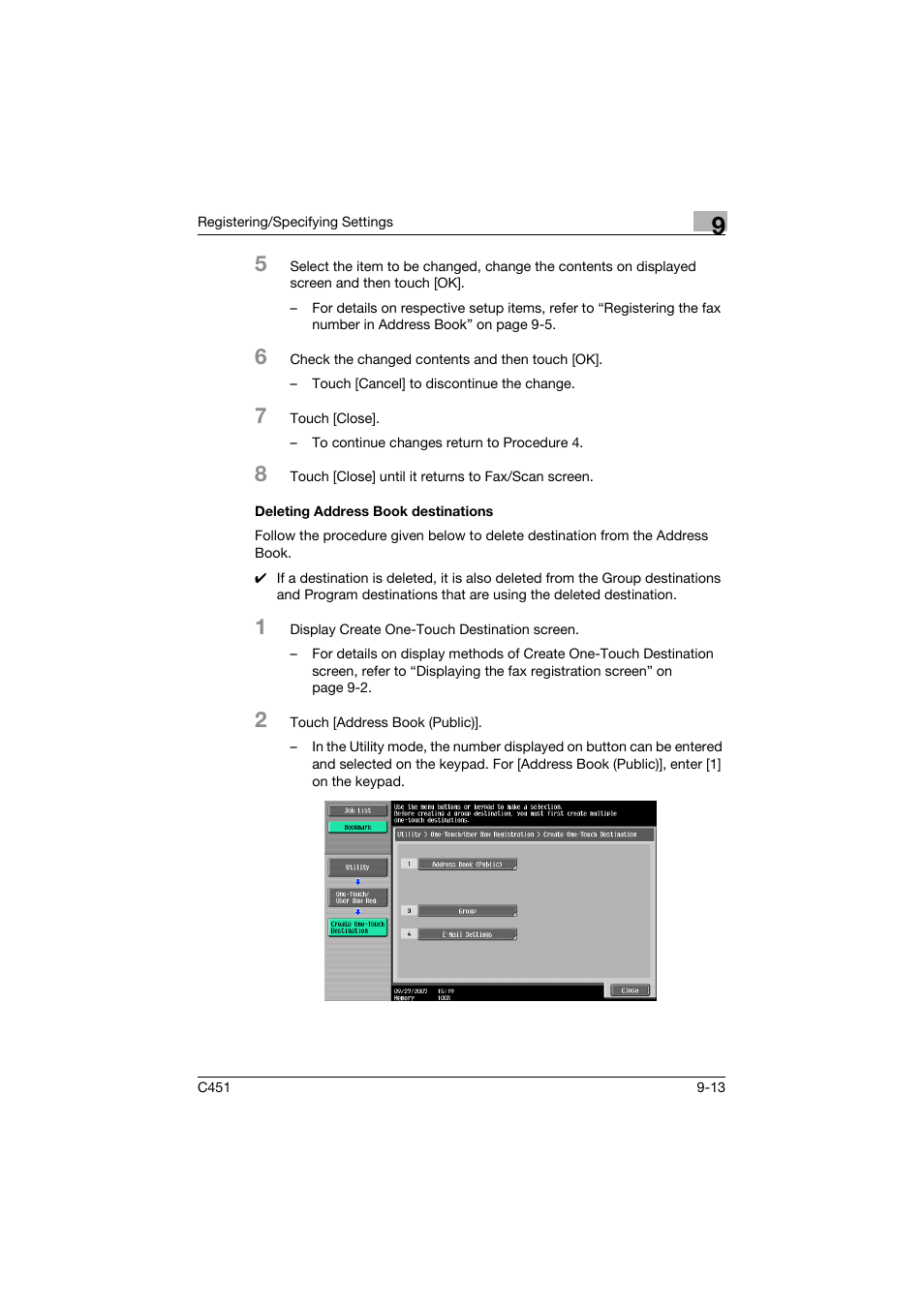 Deleting address book destinations, Deleting address book destinations -13 | Konica Minolta FK-502 User Manual | Page 273 / 492