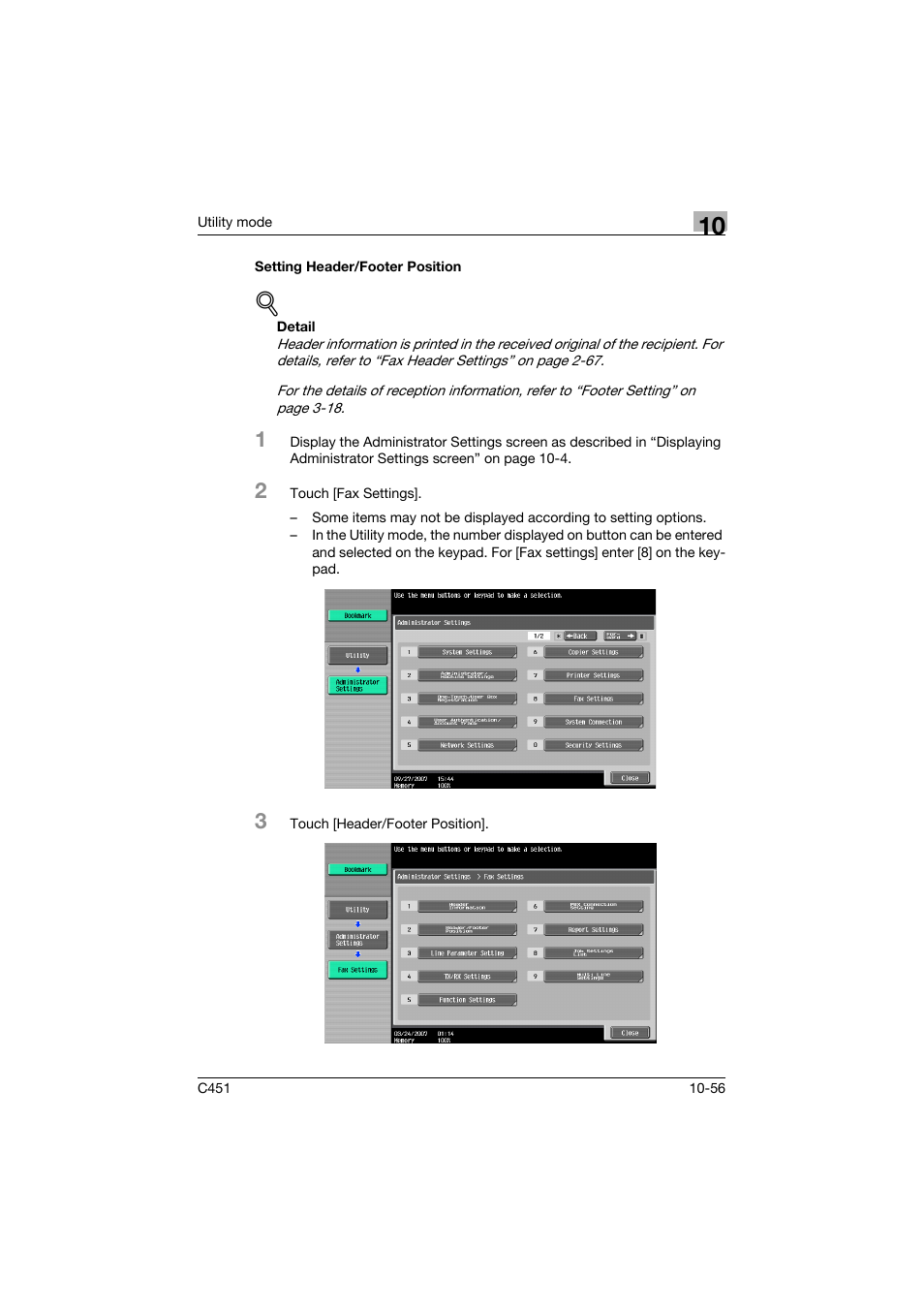 Setting header/footer position, Setting header/footer position -56 | Konica Minolta FK-502 User Manual | Page 362 / 492