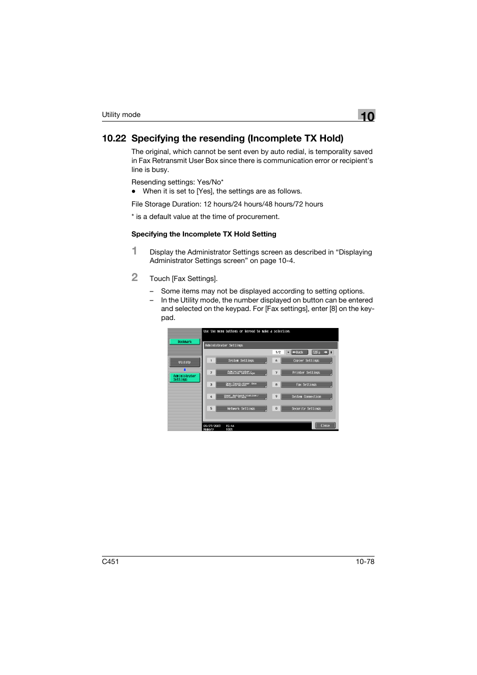 22 specifying the resending (incomplete tx hold), Specifying the incomplete tx hold setting, Specifying the incomplete tx hold setting -78 | Konica Minolta FK-502 User Manual | Page 384 / 492