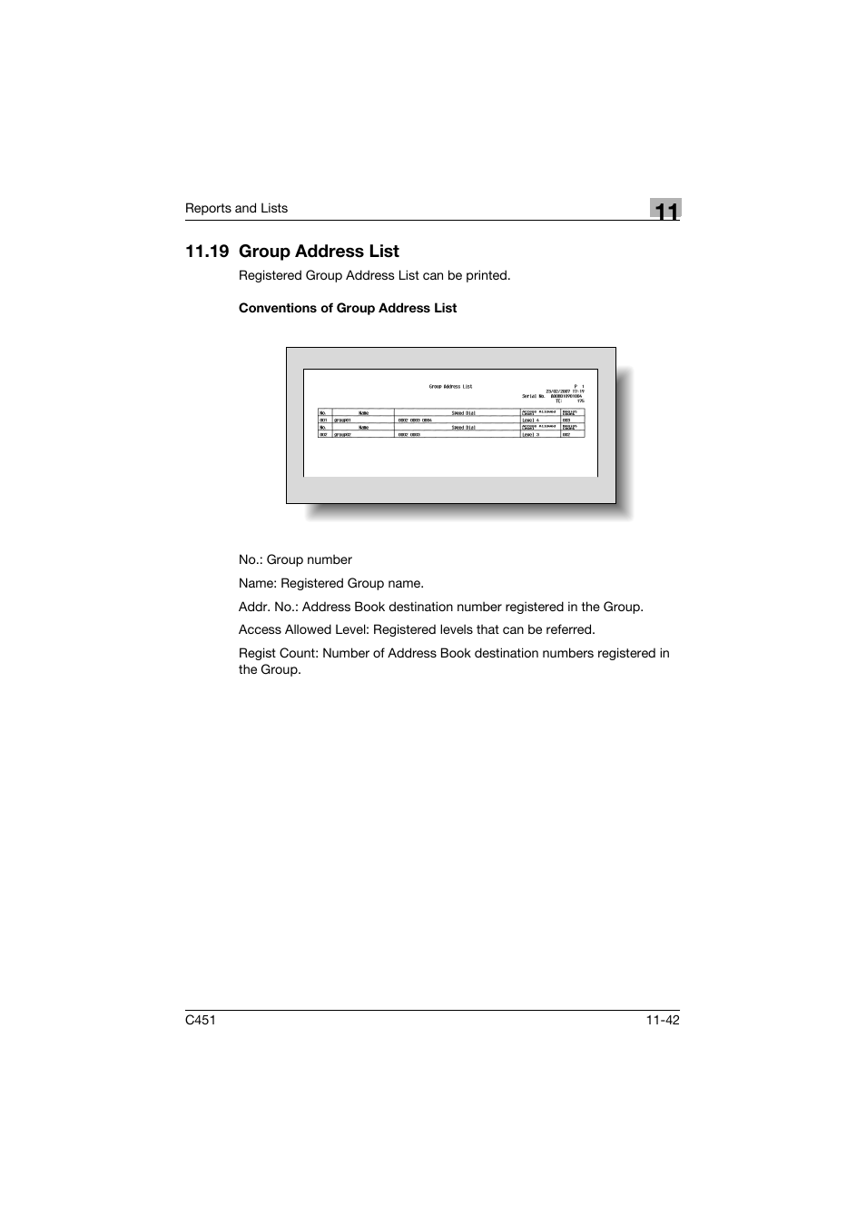 19 group address list, Conventions of group address list, 19 group address list -42 | Conventions of group address list -42 | Konica Minolta FK-502 User Manual | Page 465 / 492